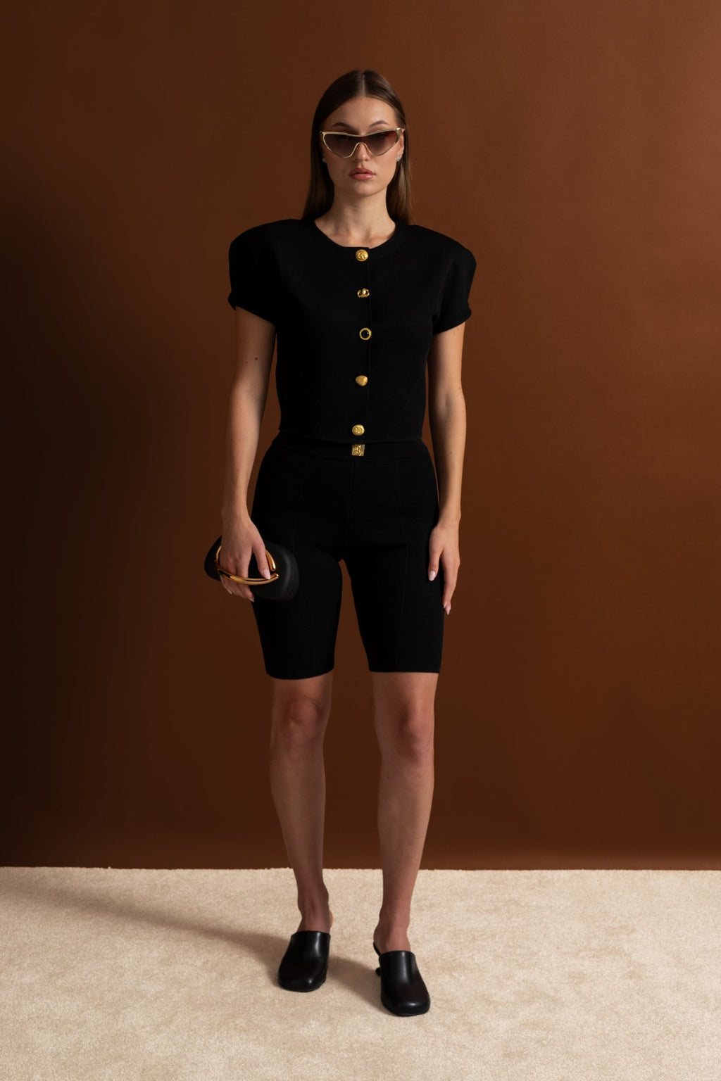 Textured Knit Co-ord Set With Structured Shoulders – Black