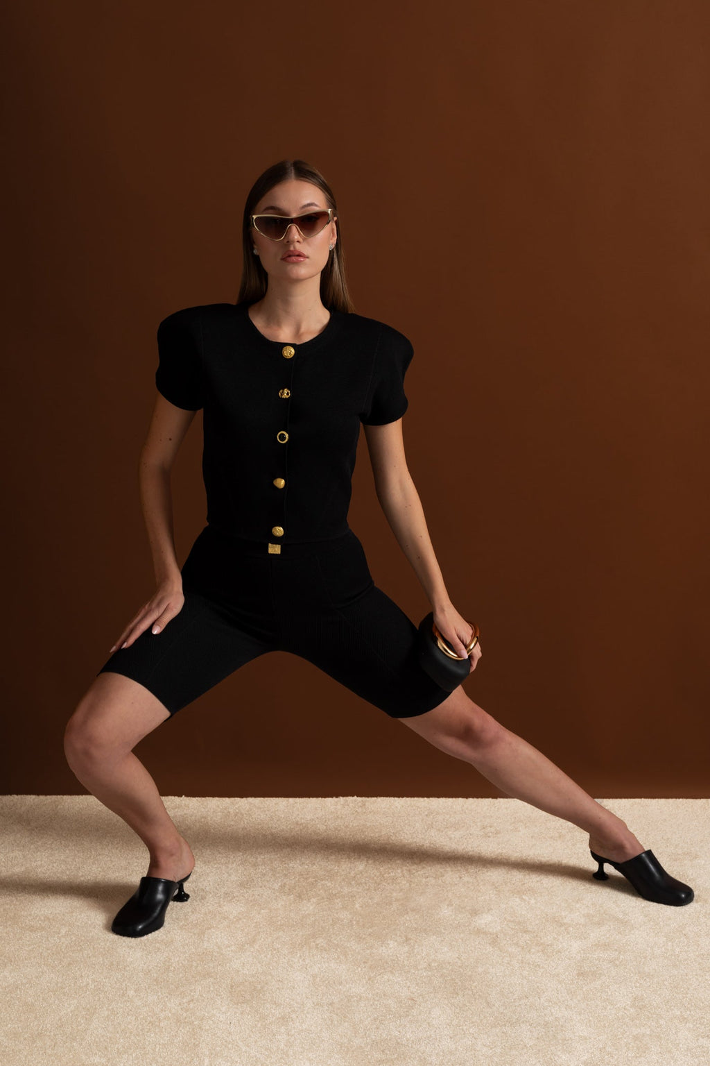 Textured Knit Co-ord Set With Structured Shoulders – Black