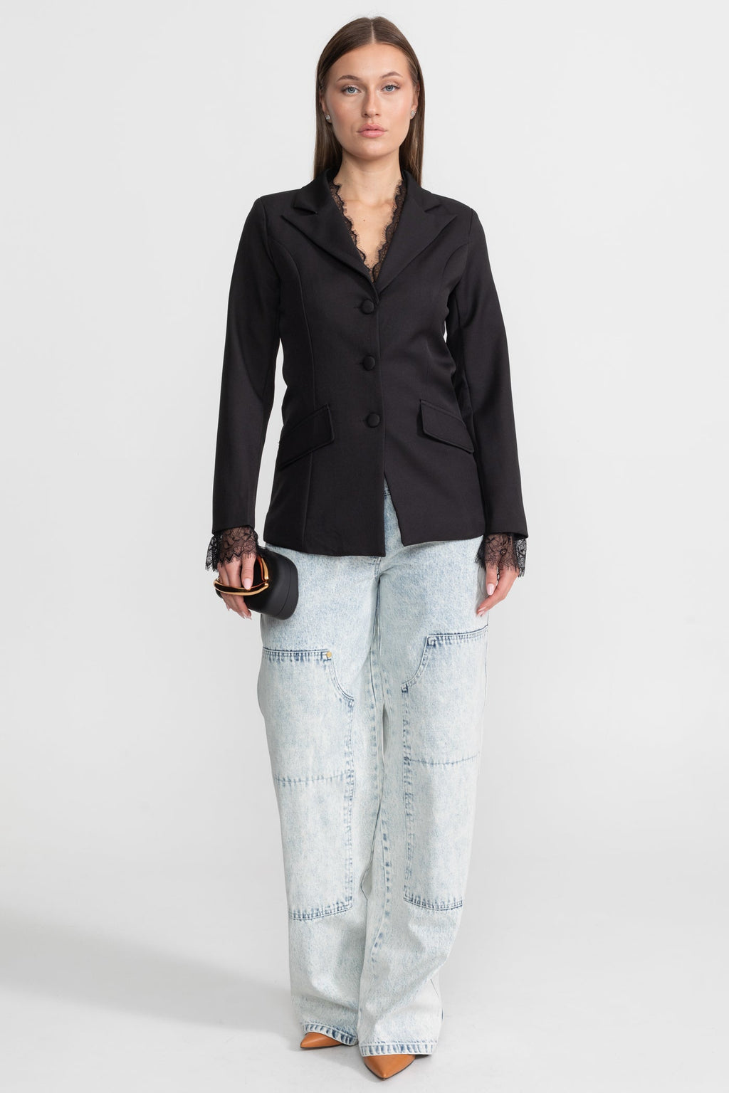 Tailored Lace-Trim Blazer With Tonal Button Closure – Black