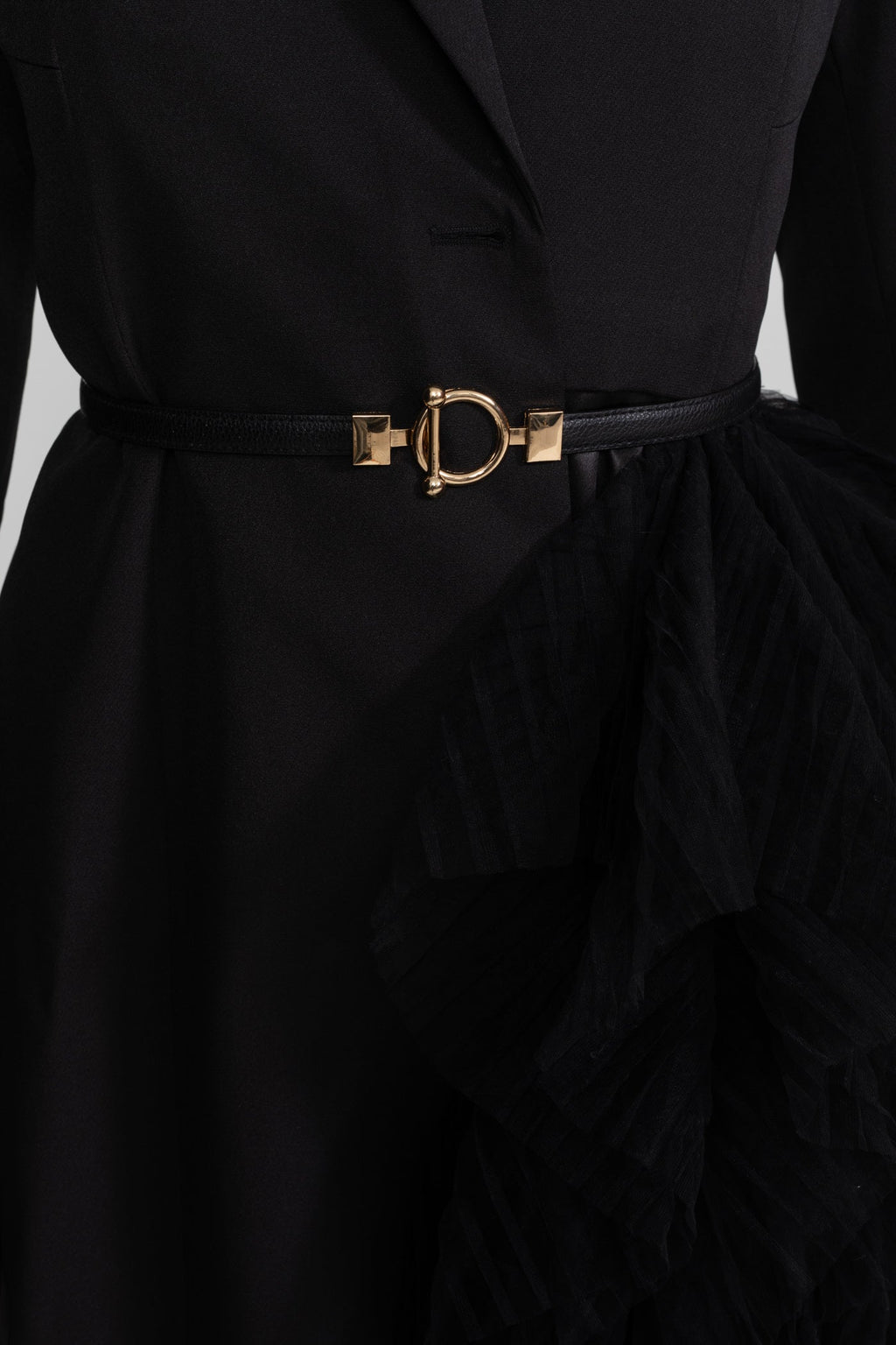 Tulle Cascade Blazer Dress With Notched Lapels – Black