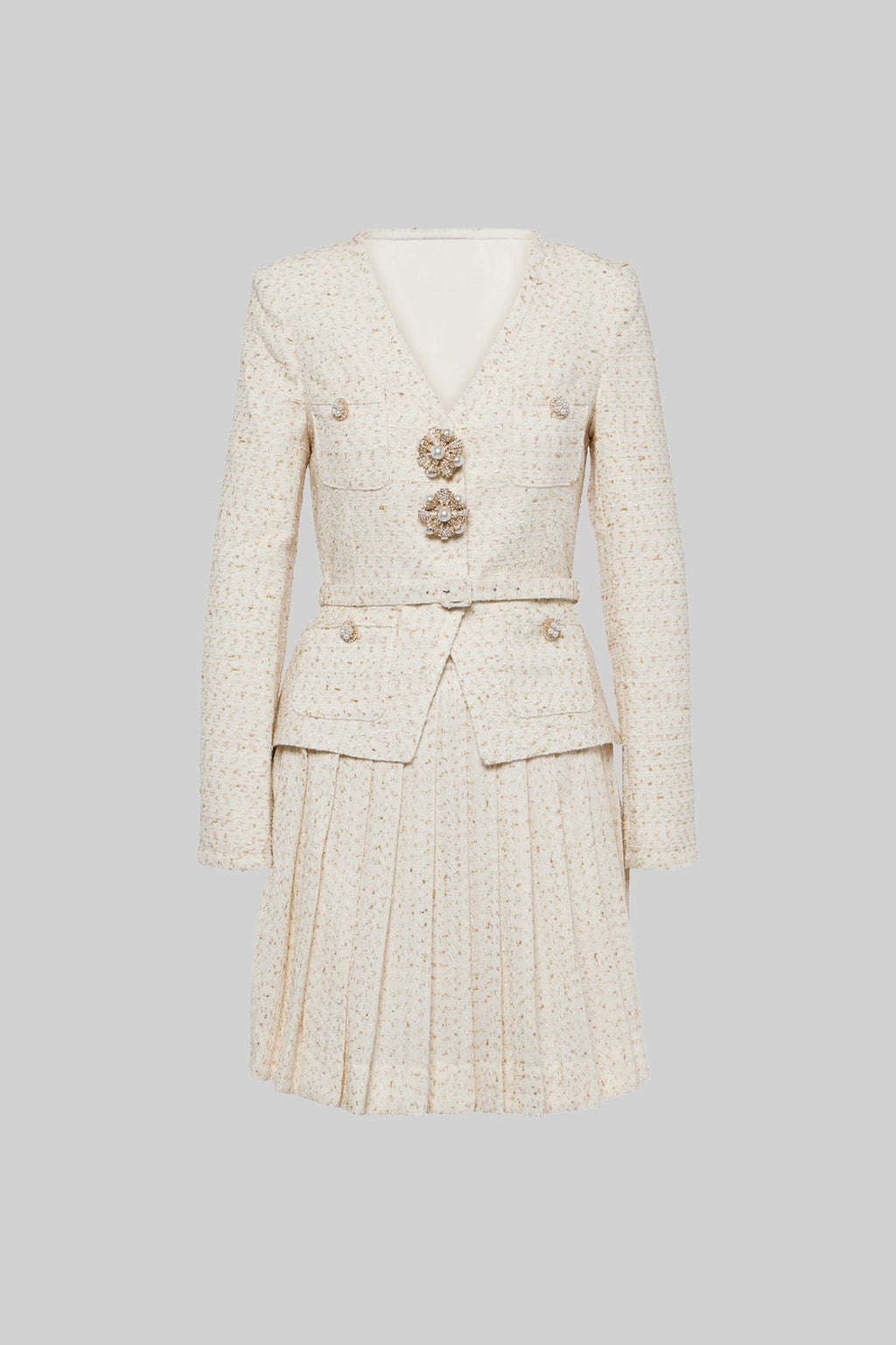 Textured Co-Ord Set With Long Sleeved Top And Matching Pleated Mini Skirt - Ivoire