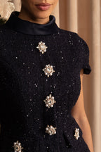 Co-Ord Set with Tweed Embellished Top and Satin Maxi Skirt - Navy