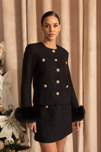 Tweed Blazer With Faux Fur Cuffs And Gold Buttons – Black