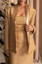 Textured Tweed Overcoat With Intricate Sequin Embellishments And Fringe Trim Accents - Gold