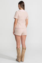 Pastel Tweed Co-ord Set With Satin Collar – Pink & Green