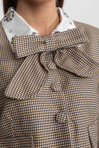 Checked Tailored Co-Ord Set with Statement Bow Detail – Beige