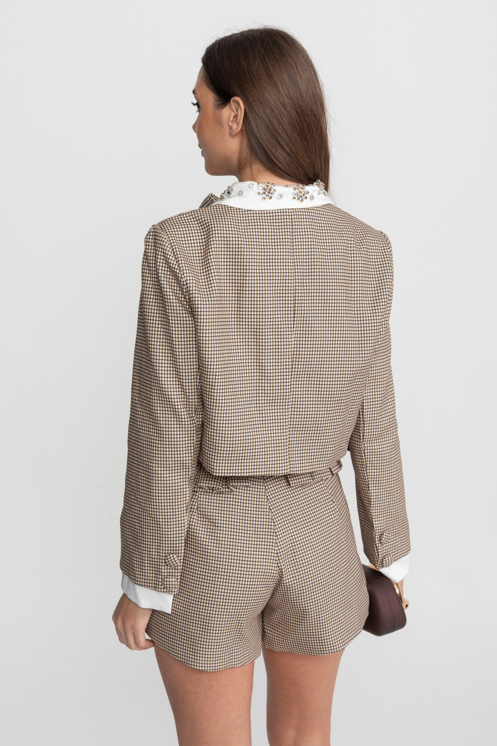 Checked Tailored Co-Ord Set with Statement Bow Detail – Beige