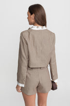 Checked Tailored Co-Ord Set with Statement Bow Detail – Beige