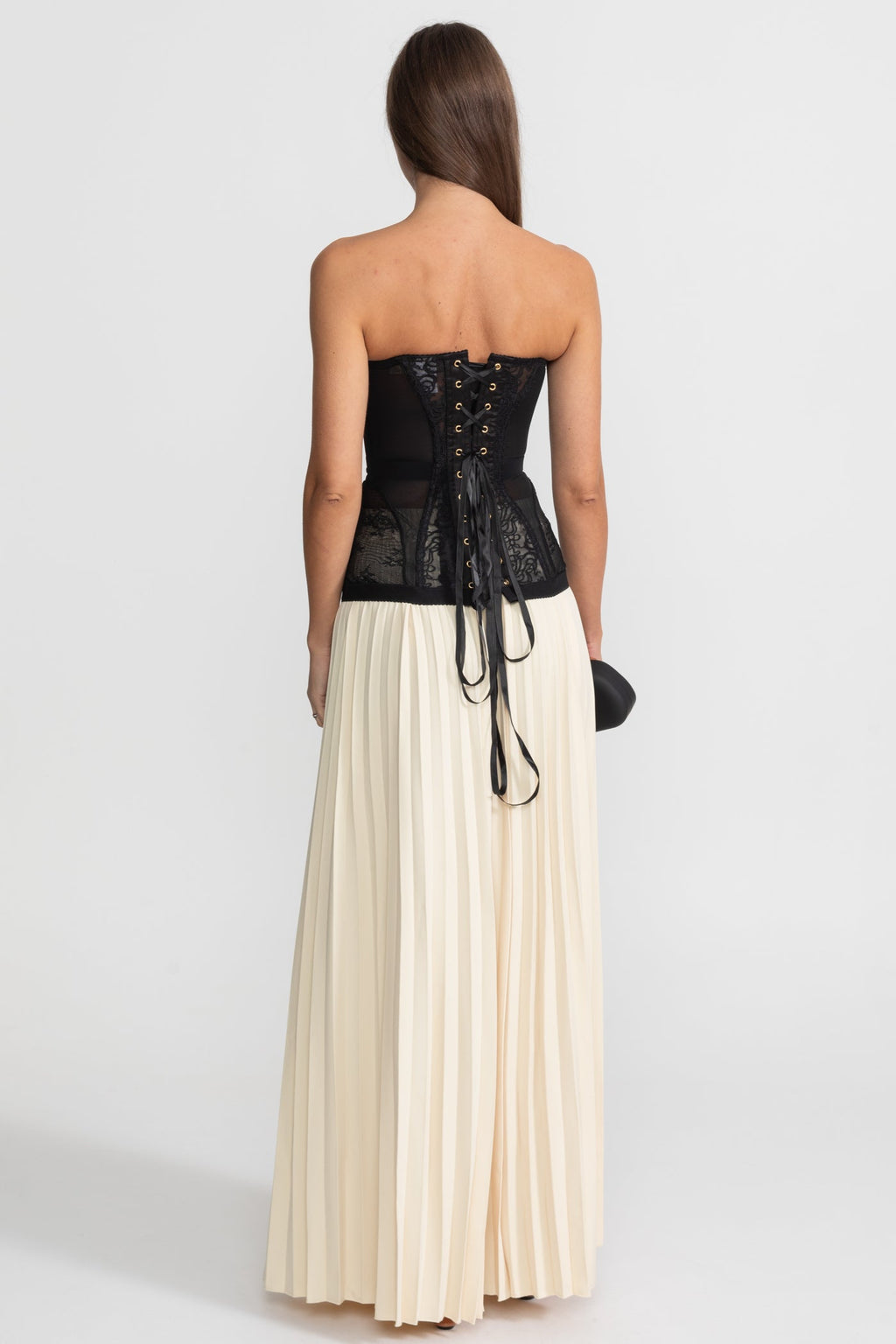 Strapless Lace Corset Top with Boning and Front Closure - Black