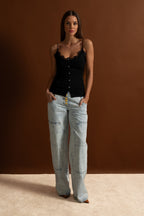 High-Waisted Wide-Leg Jeans with Gold Buttons - Light Blue