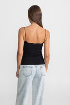 Lace-Trimmed Ribbed Camisole with Buttoned Front - Black
