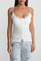 Lace-Trimmed Ribbed Camisole with Buttoned Front - White