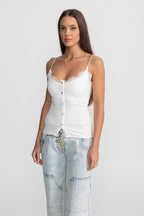 Lace-Trimmed Ribbed Camisole with Buttoned Front - White