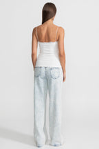 Lace-Trimmed Ribbed Camisole with Buttoned Front - White