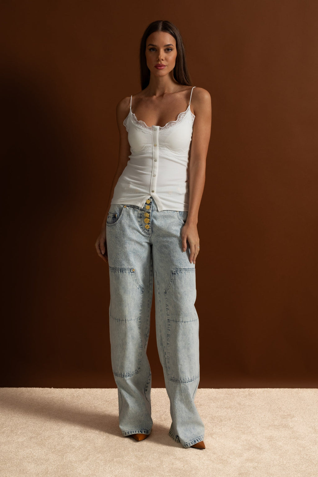 Lace-Trimmed Ribbed Camisole with Buttoned Front - White