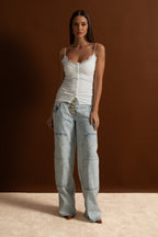 Lace-Trimmed Ribbed Camisole with Buttoned Front - White