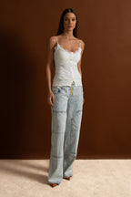High-Waisted Wide-Leg Jeans with Gold Buttons - Light Blue