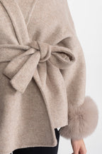 Wool Blend Wrap Jacket with Fox Fur Cuffs – Beige