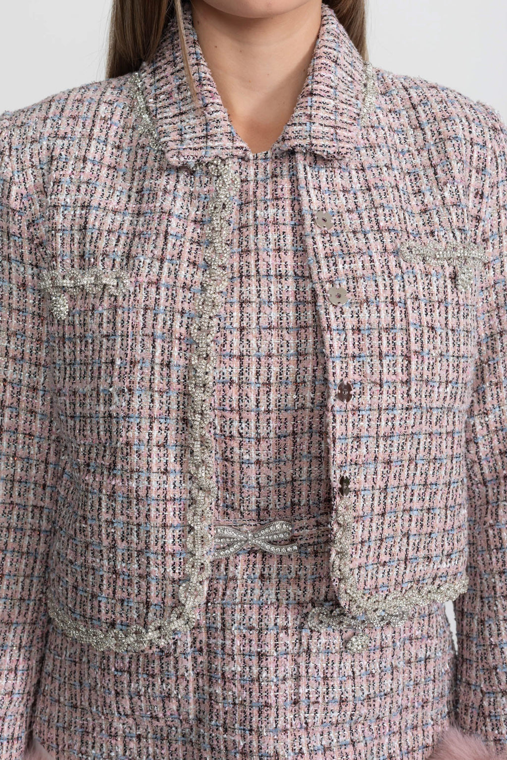Tweed Cropped Jacket with Faux Fur Cuffs - Pink