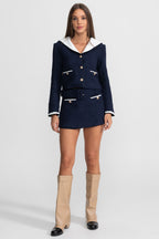 Tweed Cropped Jacket with Contrast Collar - Navy