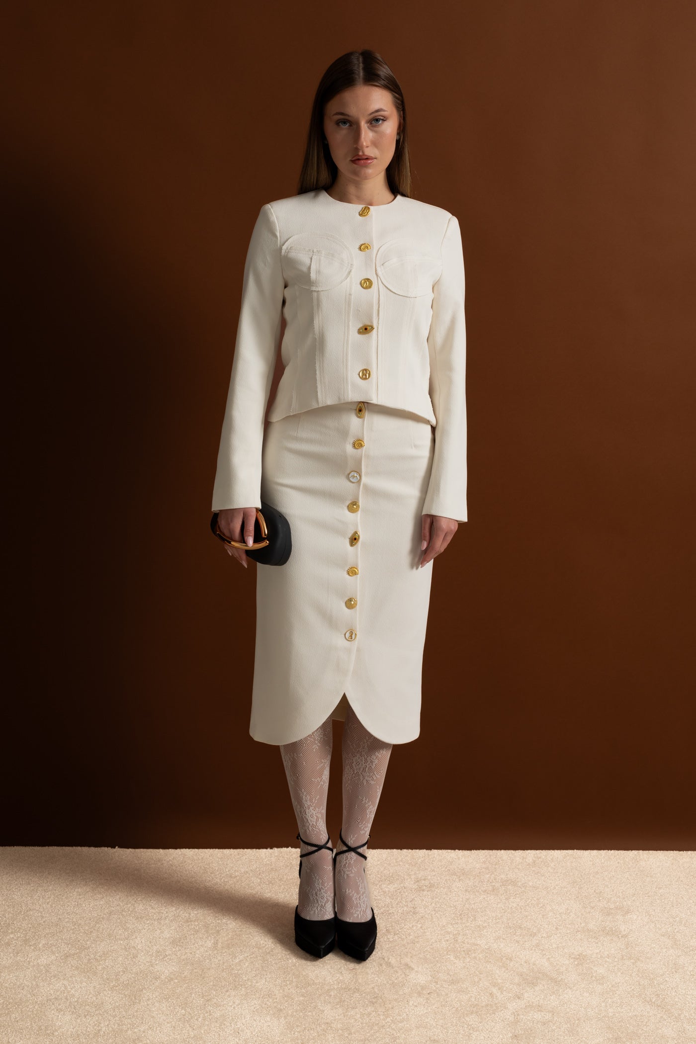 Co-ord Set with Statement Gold Buttons - White
