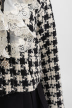 Tweed Cropped Jacket with Lace Ruffle and Mink Fur Collar – Black & White