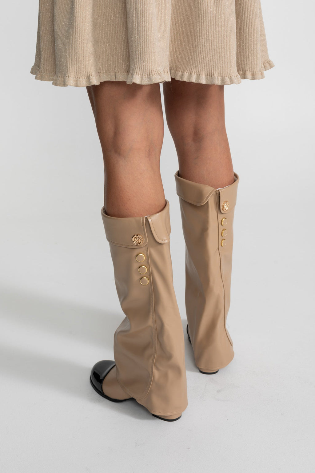 Folded Knee-High Boots With Patent Cap Toe – Beige/Black