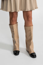 Folded Knee-High Boots With Patent Cap Toe – Beige/Black