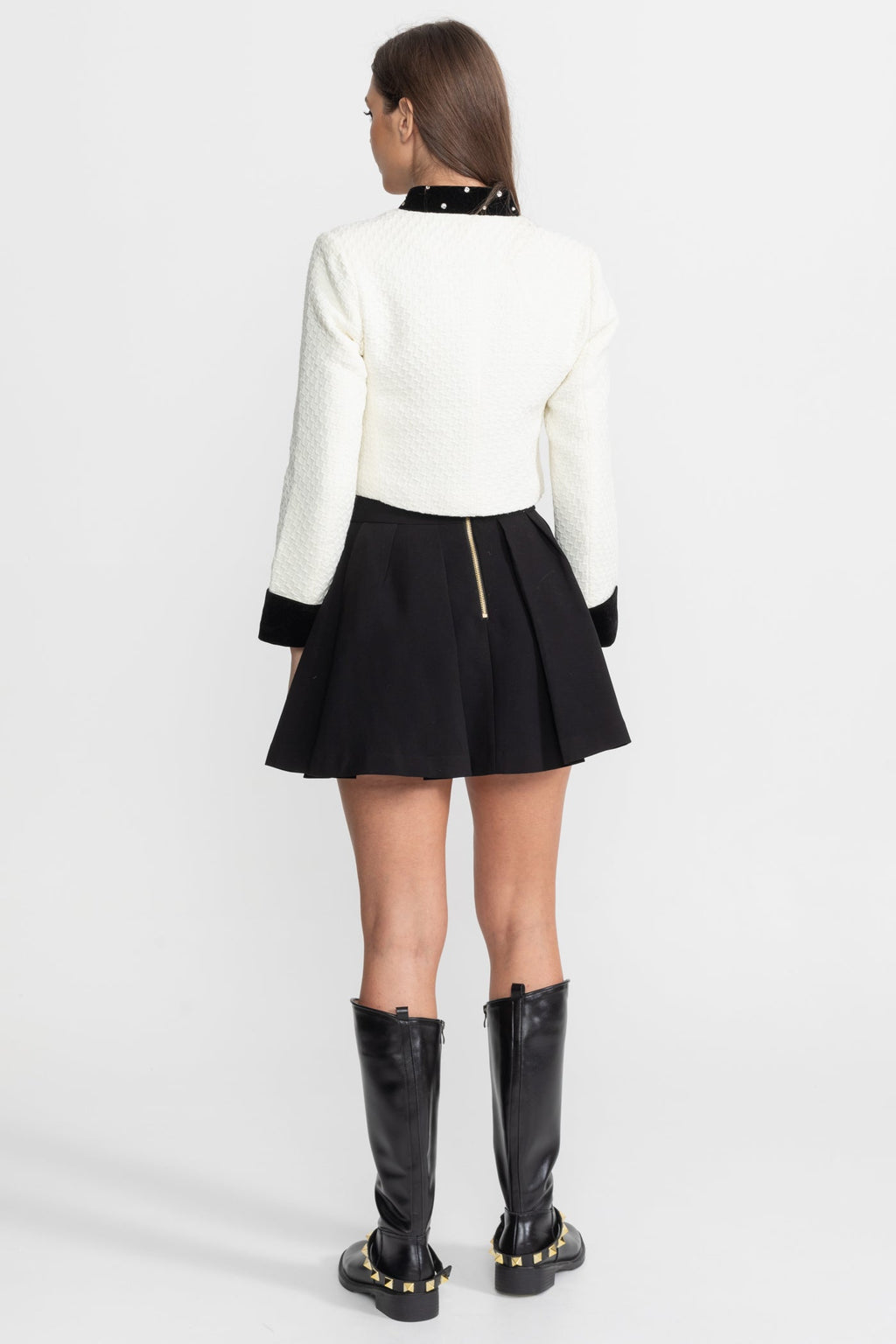 Embellished Textured Cropped Blazer with Crystal Floral Appliqué – White