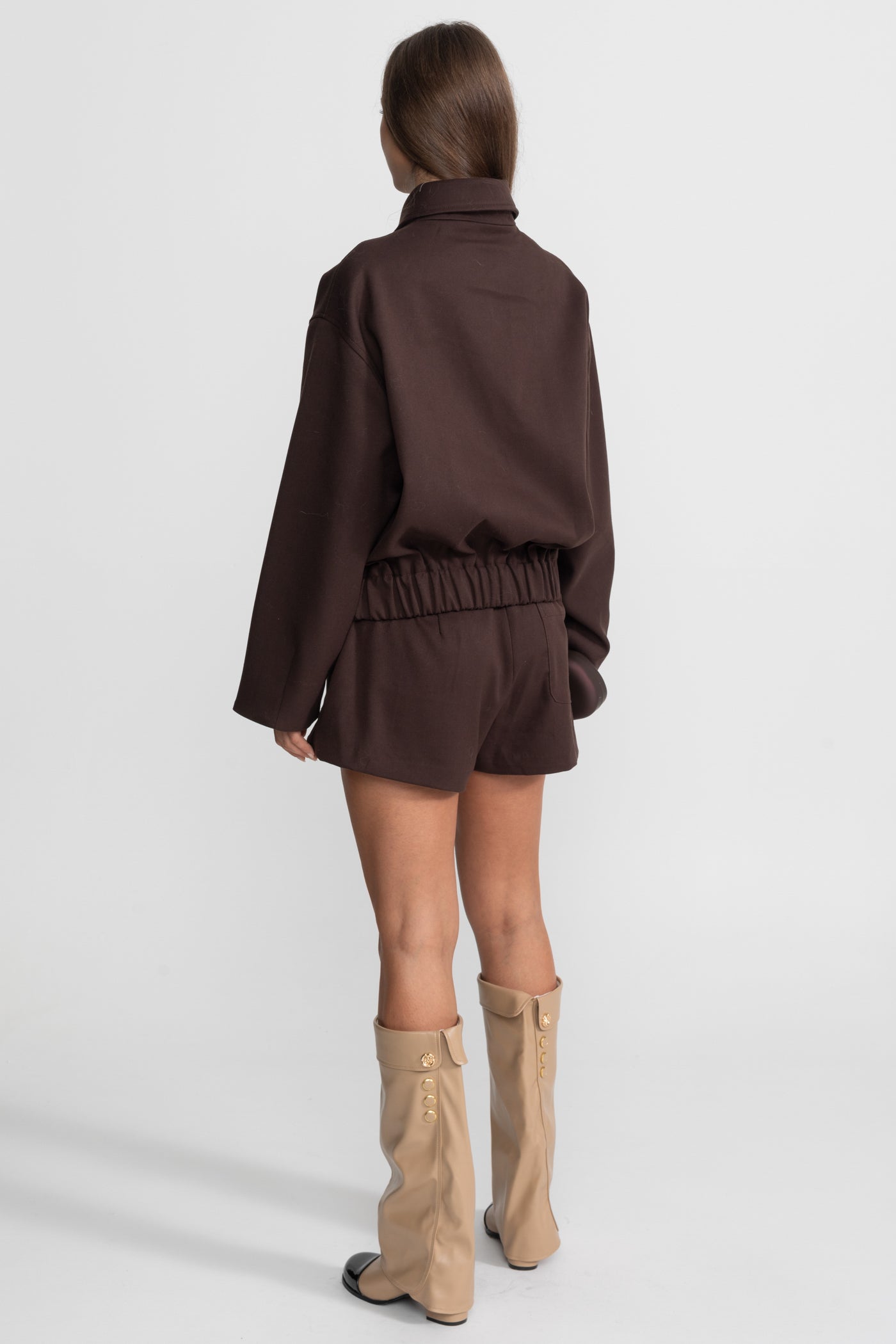 Co-Ord Set With Zip-Up Utility Jacket And Matching Shorts - Brown