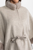 Wool Blend Cape Coat with Sable Fur Trim – Light Grey