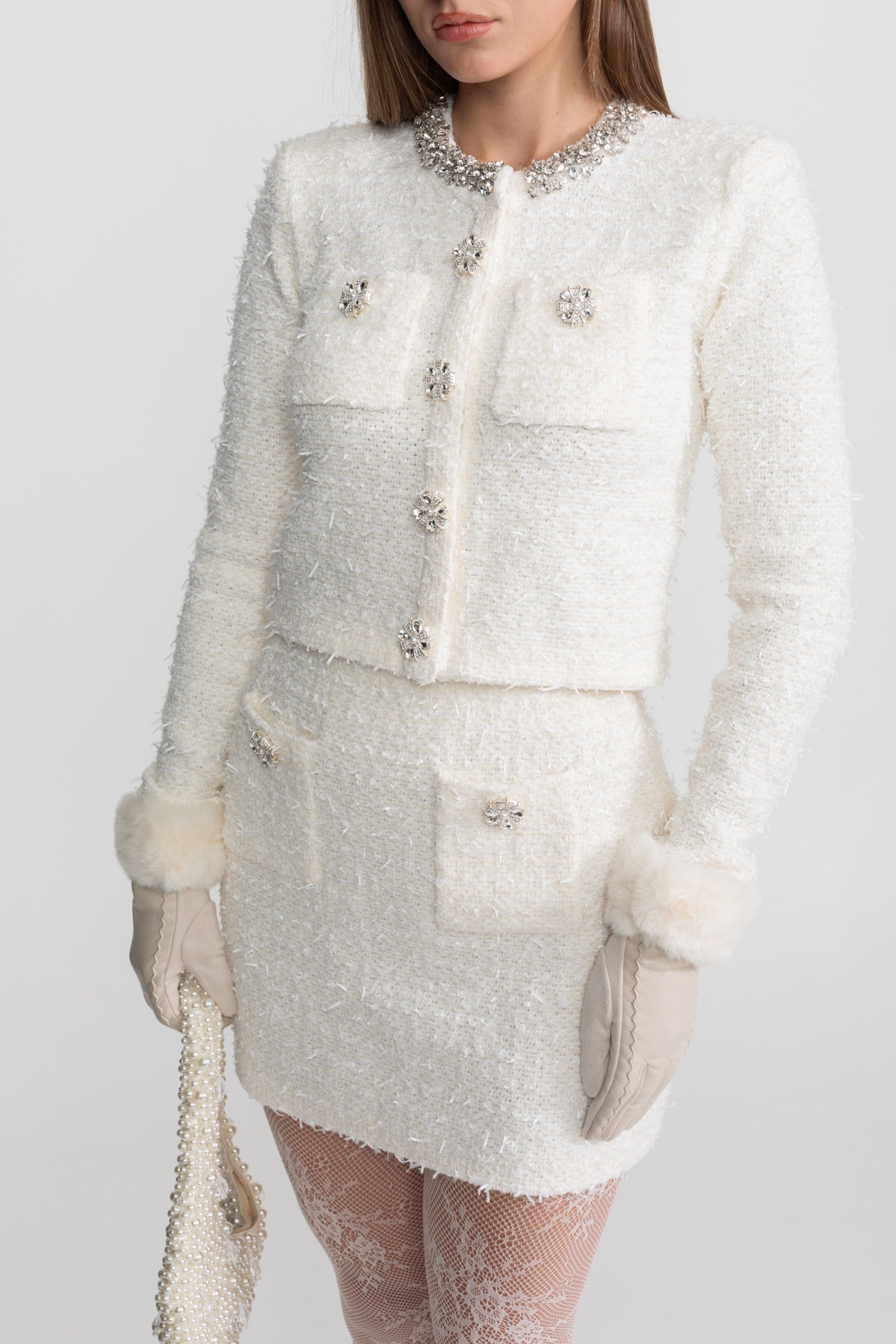 Tweed Mini Skirt With Crystal Buttons - White