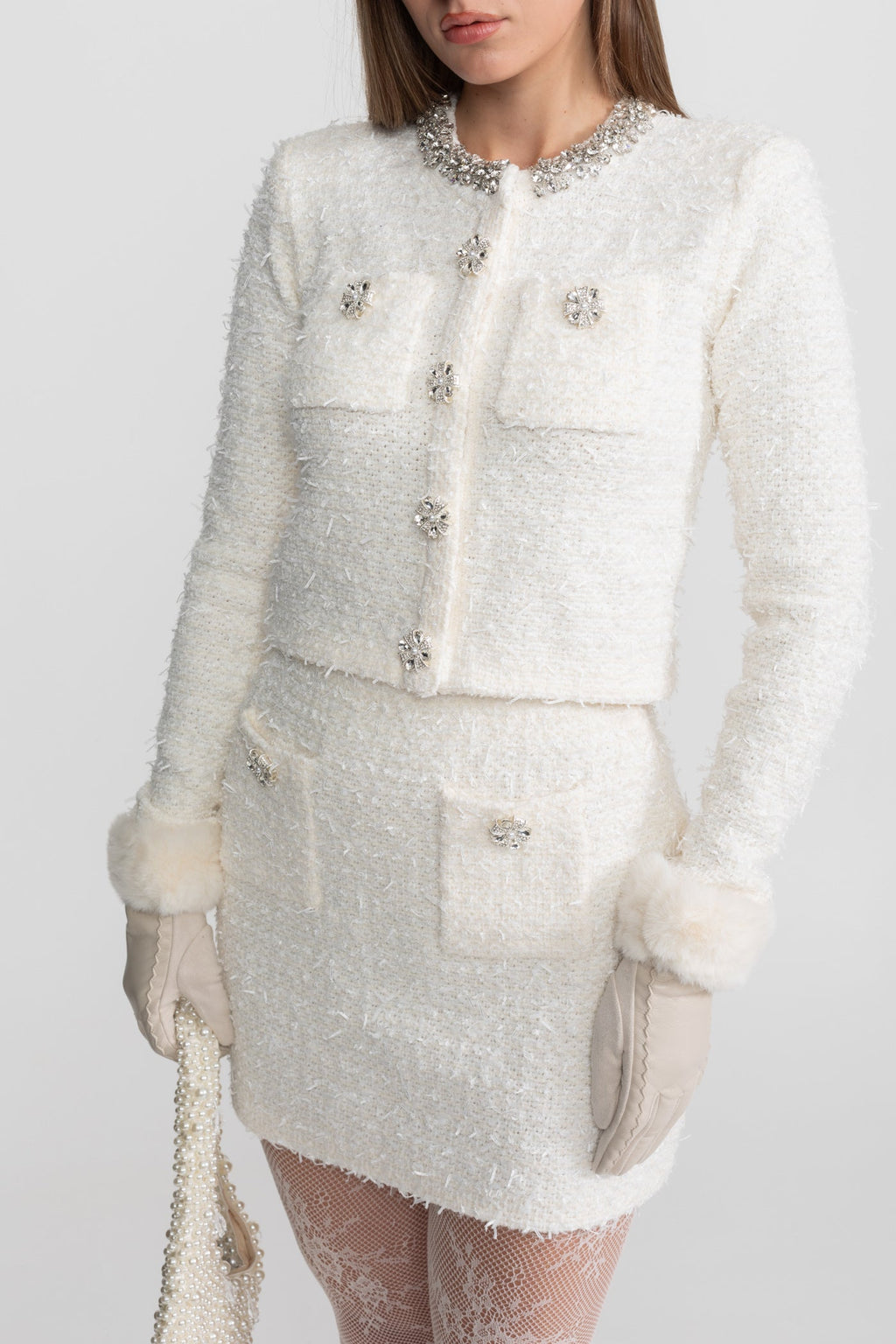 Tweed Blazer With Crystal Embellishments And Buttons - White