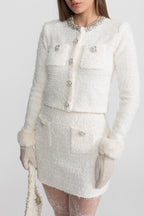 Tweed Blazer With Crystal Embellishments And Buttons - White