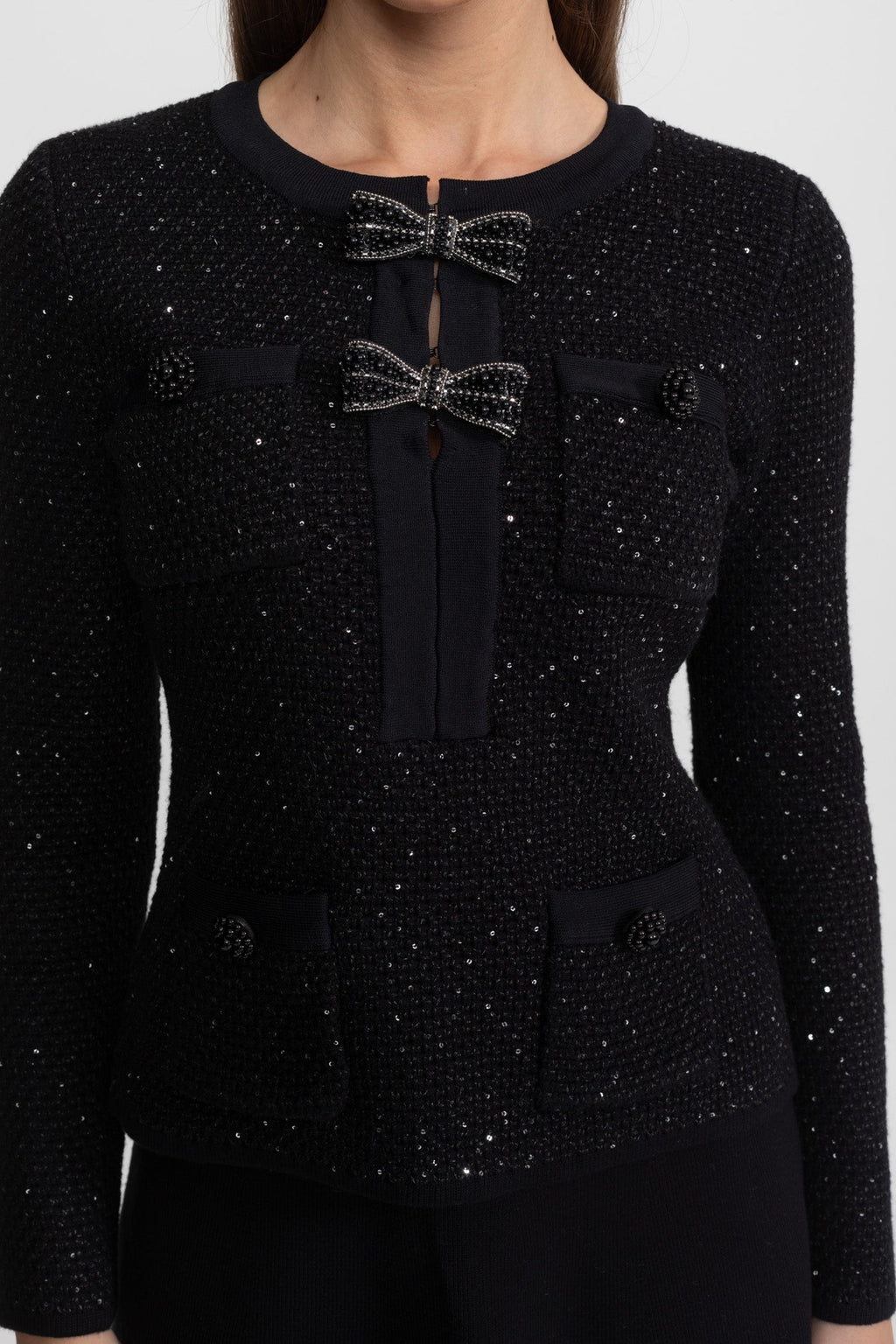 Embellished Tweed Co-Ord Set with Bow Closures And Mini Skirt – Black