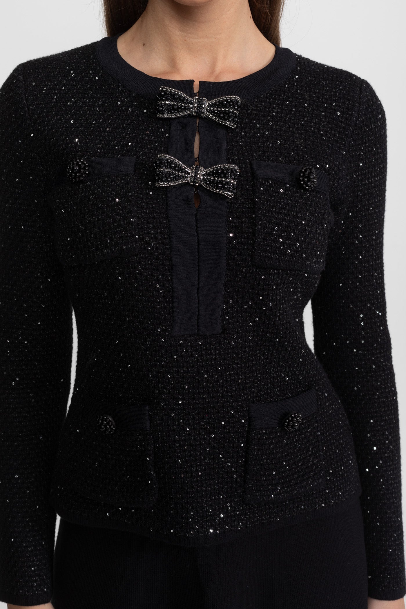 Embellished Tweed Co-Ord Set with Bow Closures And Mini Skirt – Black