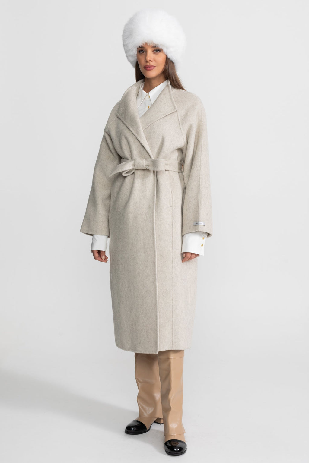Belted Midi Coat With High Neckline - Beige