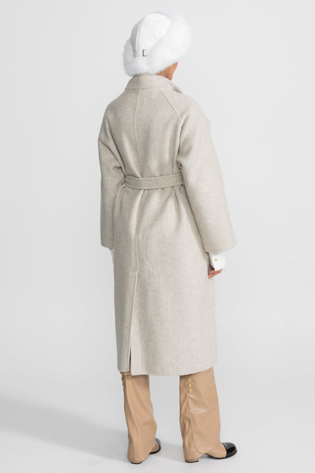 Belted Midi Coat With High Neckline - Beige