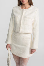 Tweed Mini Skirt With Beaded Trim And Hemline - Ivoire