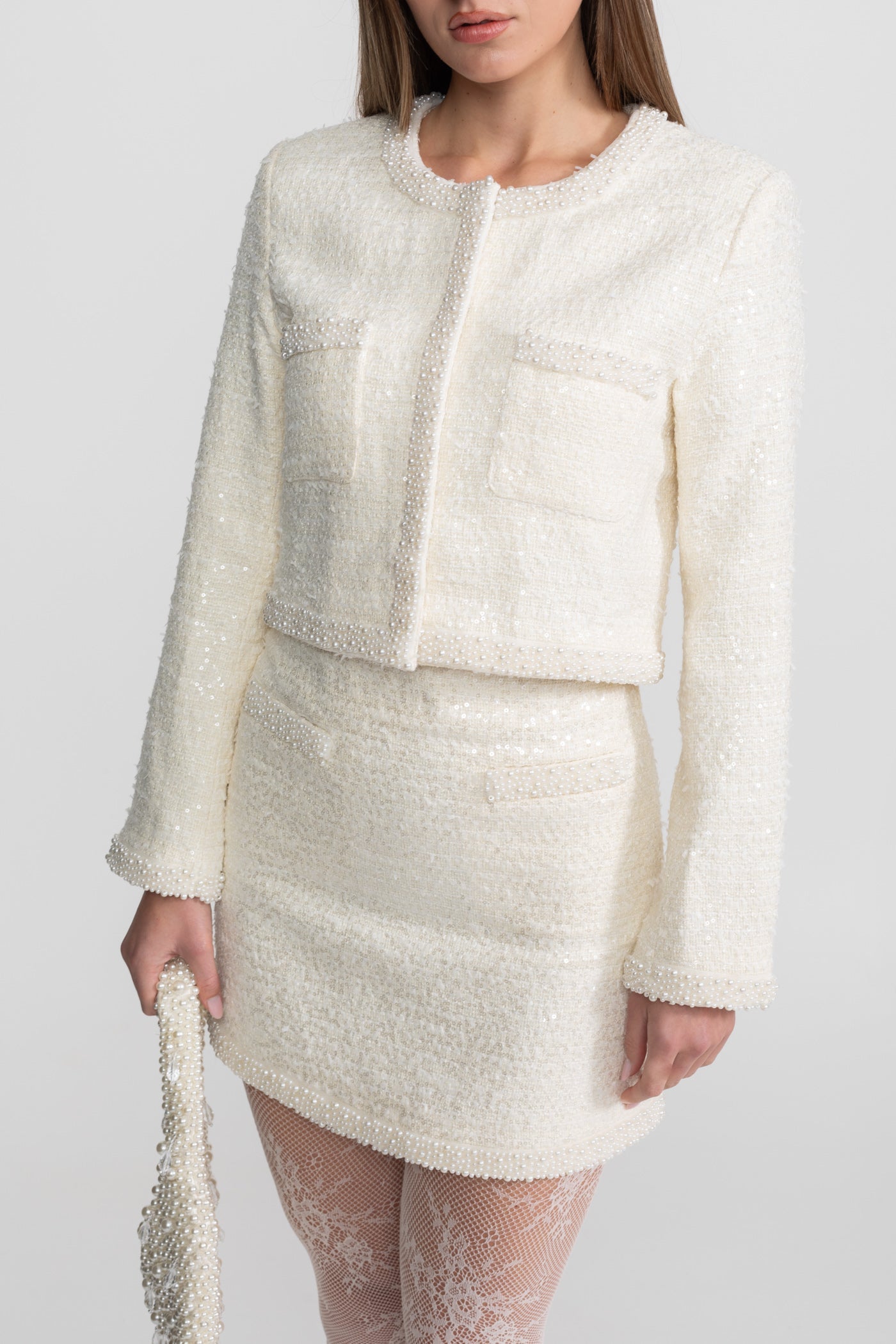 Tweed Mini Skirt With Beaded Trim And Hemline - Ivoire