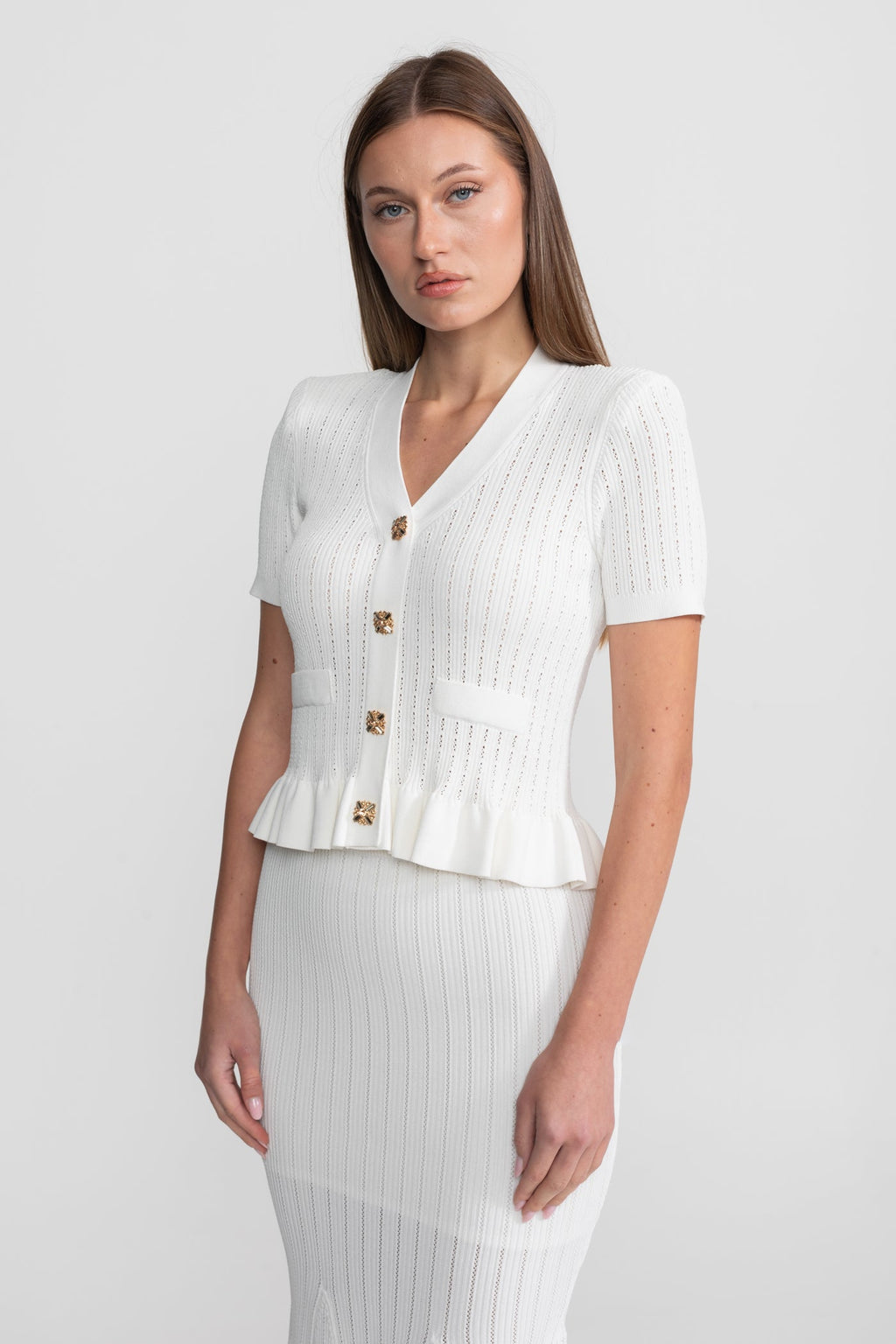 Knit Midi Co-Ord with Peplum Waist and Gold Buttons  – White
