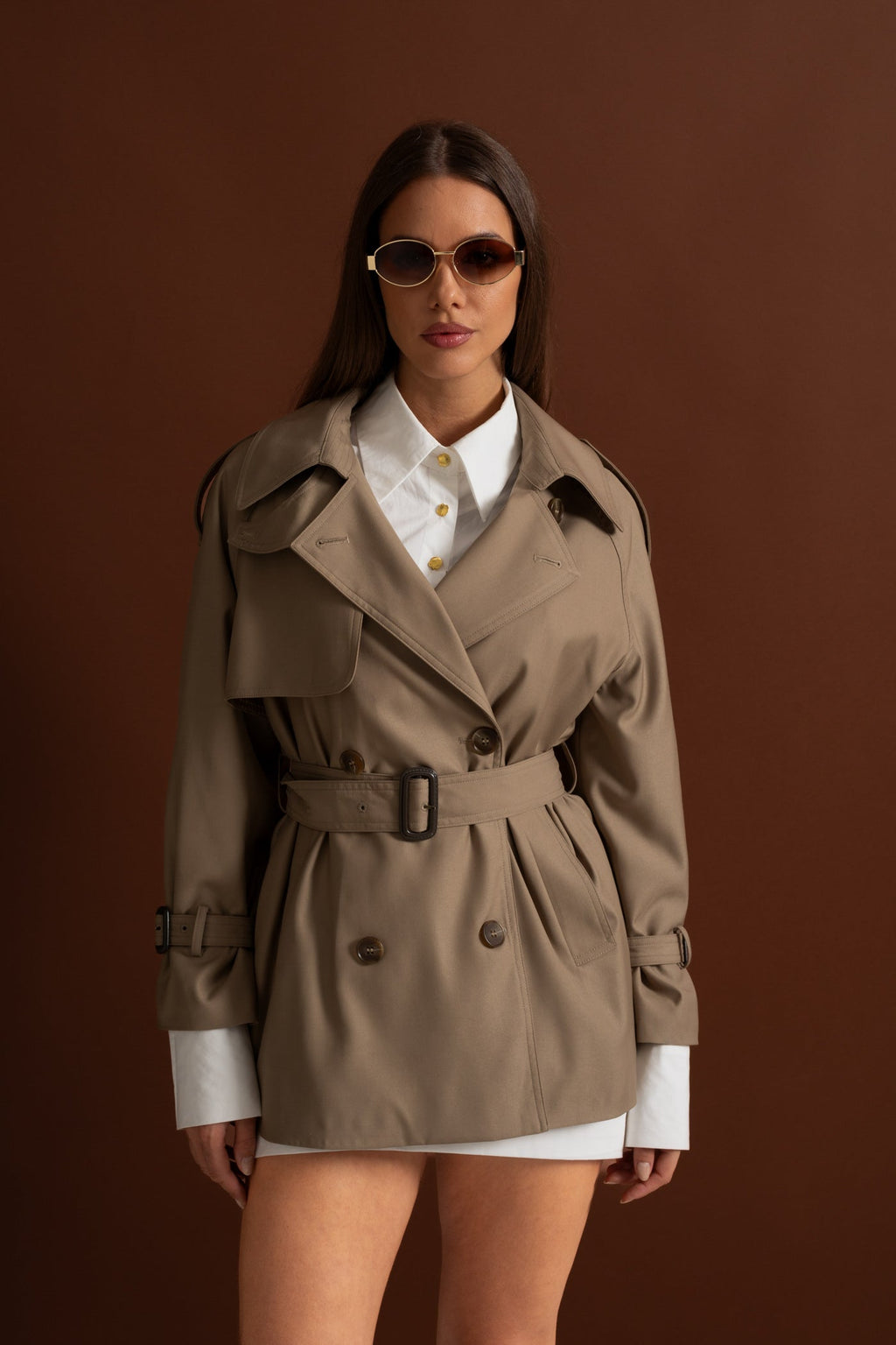 Classic Double-Breasted Trench Coat With Belted Waist – Khaki