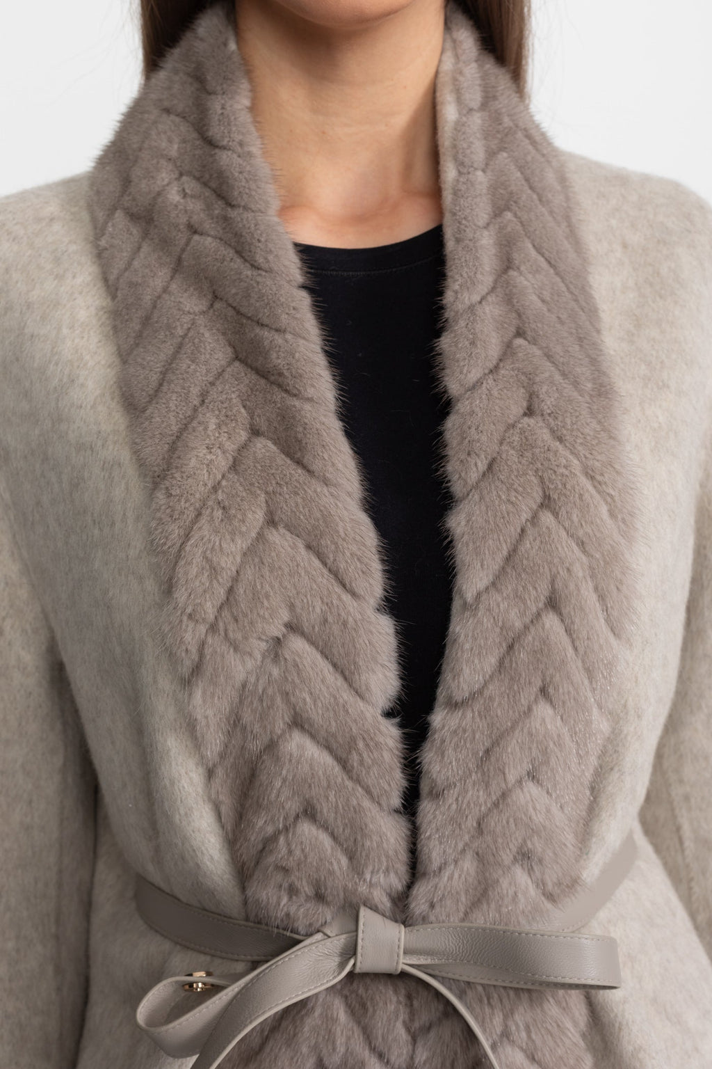 Wool Blend Belted Coat with Textured Sable Fur Panel – Beige