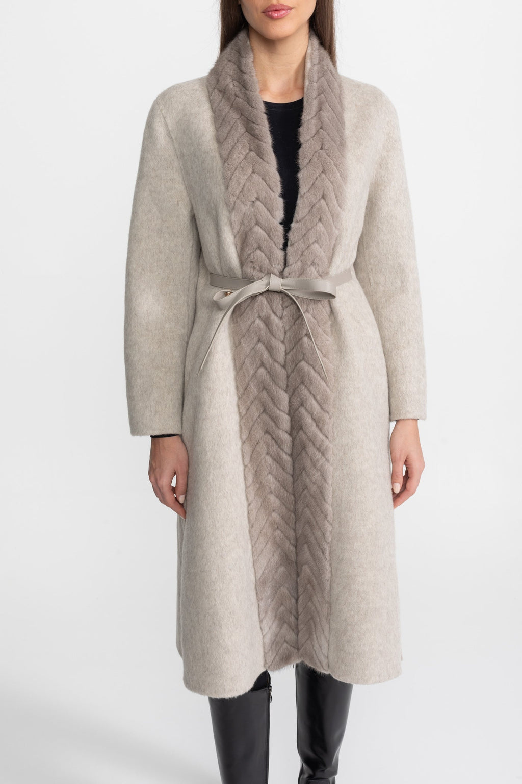 Wool Blend Belted Coat with Textured Sable Fur Panel – Beige