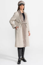 Wool Blend Belted Coat with Textured Sable Fur Panel – Beige