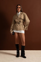 Cropped Double-Breasted Trench Jacket With Belted Waist – Camel