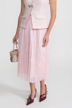 Tweed and Organza Co-ord Set with Crystal Bow Buttons - Pink