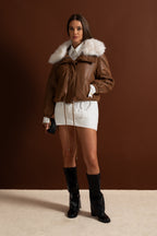 Cropped Suede Jacket With Faux Fur Collar – Brown