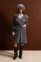 Double-Breasted Wool Knit Overcoat With Fur Trim – Grey