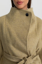 Belted Mini Coat With High Neckline - Beige